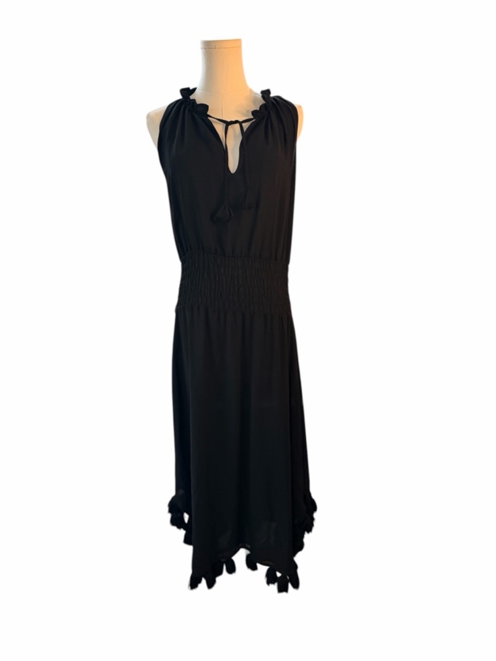 MISA Los Angeles Black Tassel Hem Smocked Waist Midi Dress XS Boho Resort
